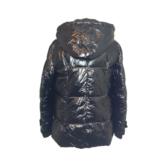 Kensie Black Puffer Jacket With Hood Wet Look Glossy - Picture 3 of 12